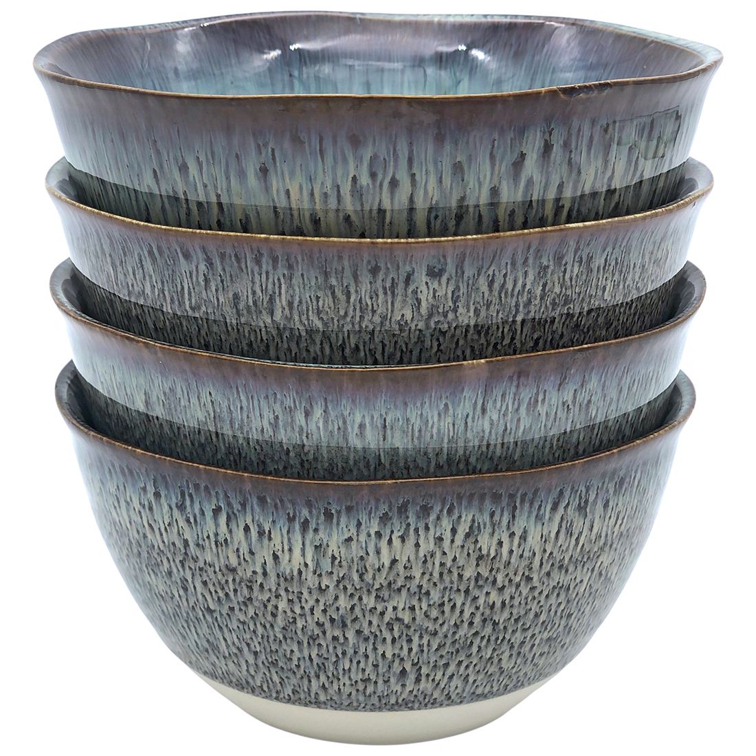 Four stacked ceramic ramen bowls with a reactive glaze finish, featuring gracefully curved edges and a glossy surface.