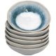 A stack of six ceramic tapas bowls with a speckled blue interior and a smooth gray exterior.