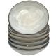 Stapel van zes elegante tapas schaaltjes lichtgrijs gekleurd met een glanzende afwerking en een rustieke rand.
