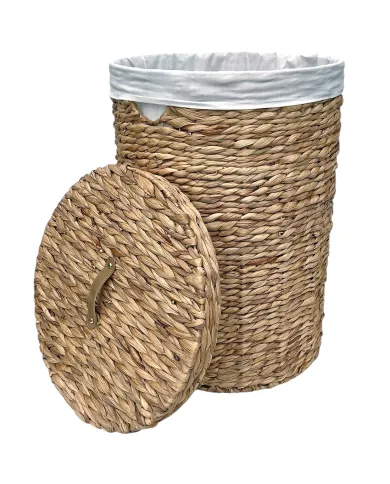 A round water hyacinth laundry basket with white fabric lining and a matching lid.