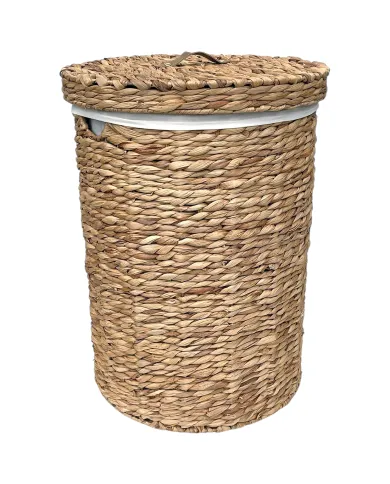A round water hyacinth laundry basket with a lid and white fabric lining.