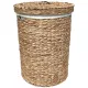 A round water hyacinth laundry basket with a lid and white fabric lining. A round water hyacinth laundry basket with a lid and white fabric lining.
