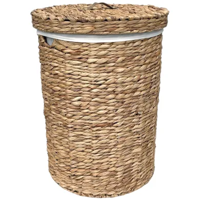 A round water hyacinth laundry basket with a lid and white fabric lining.