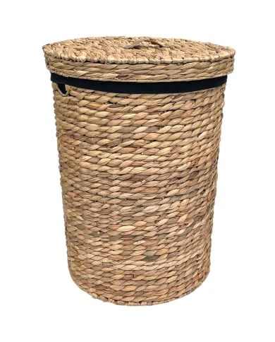 A round water hyacinth laundry basket with a lid and black fabric lining.