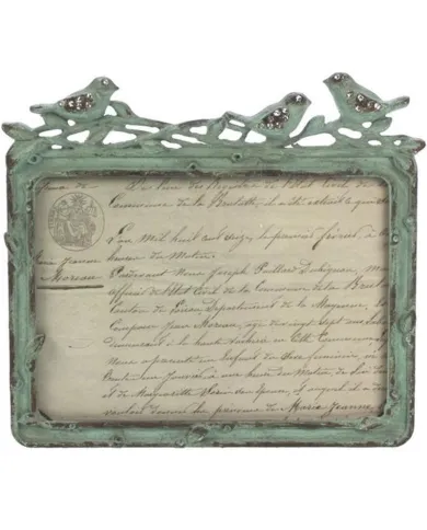 Vintage green photo frame with 3 little birds on top with rhinestones.
