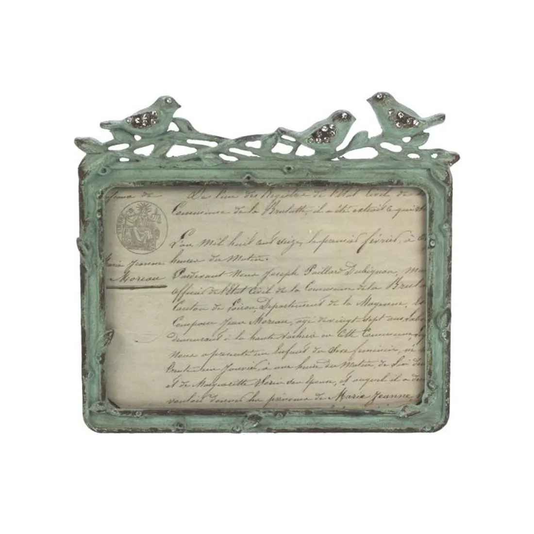 Vintage green photo frame with 3 little birds on top with rhinestones.