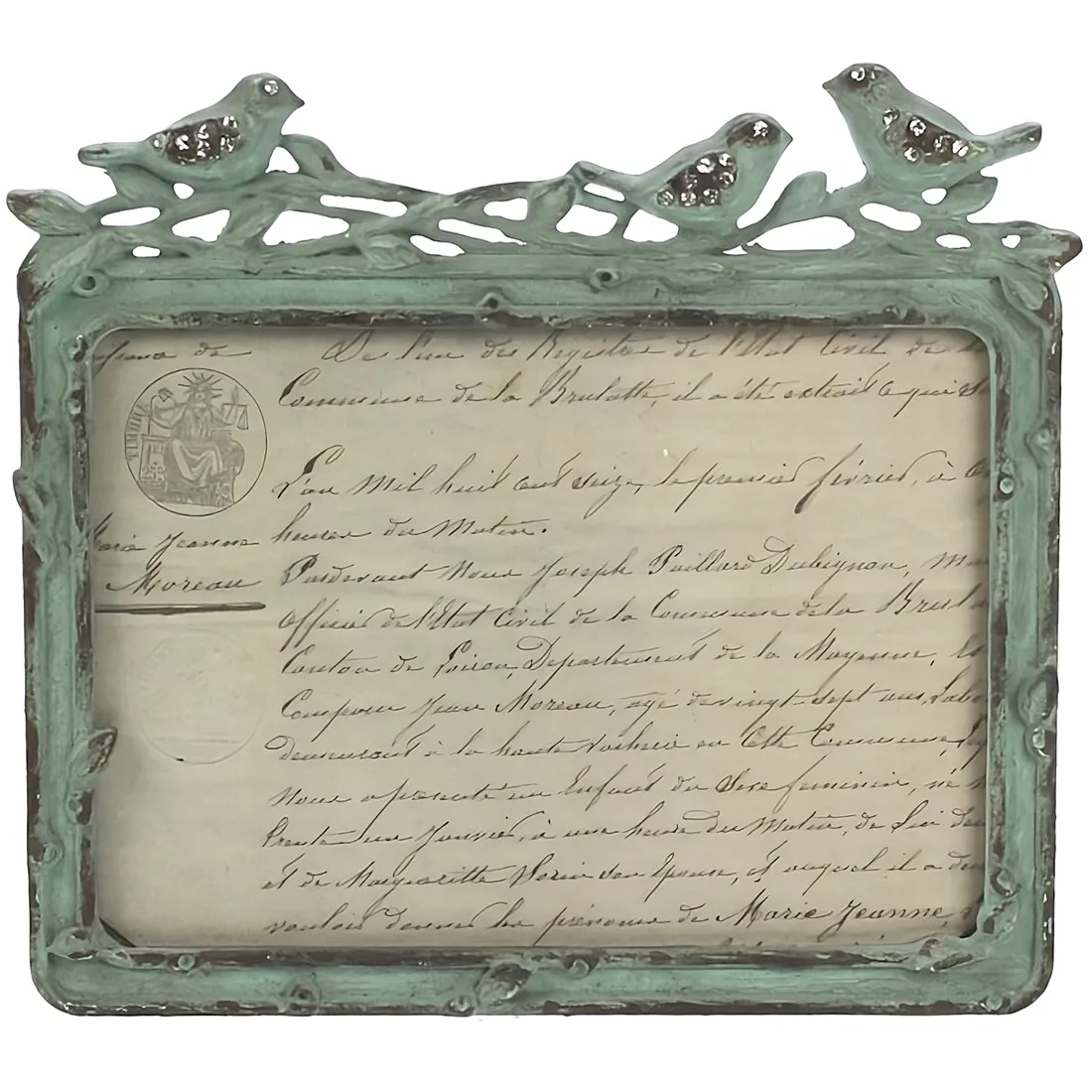 Vintage green photo frame with 3 little birds on top with rhinestones.