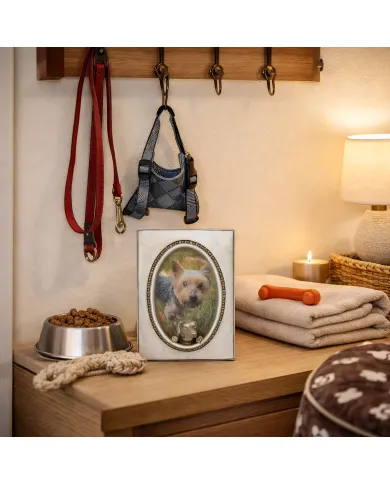 Honden fotolijst, naast hondensnoepjes, een riem, een harnas en speelgoed.