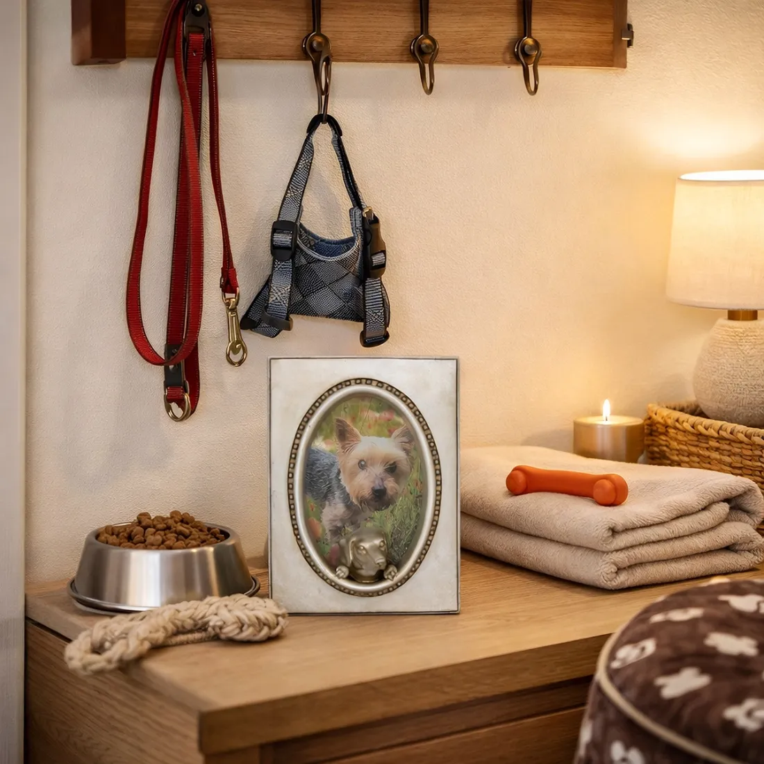 Honden fotolijst, naast hondensnoepjes, een riem, een harnas en speelgoed.