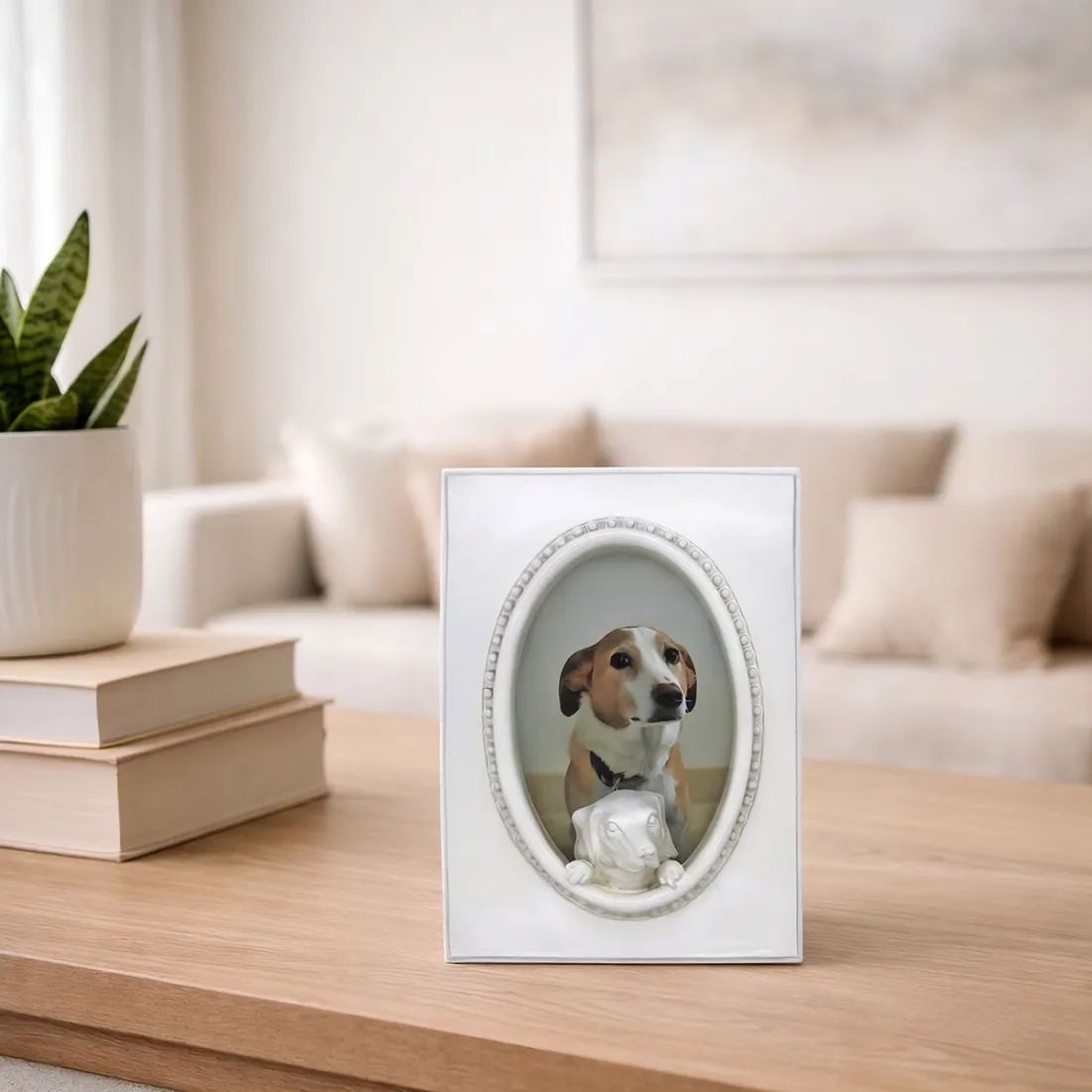 Honden fotolijst met ingelijste foto van een hond op een houten salontafel in een gezellige woonkamer.