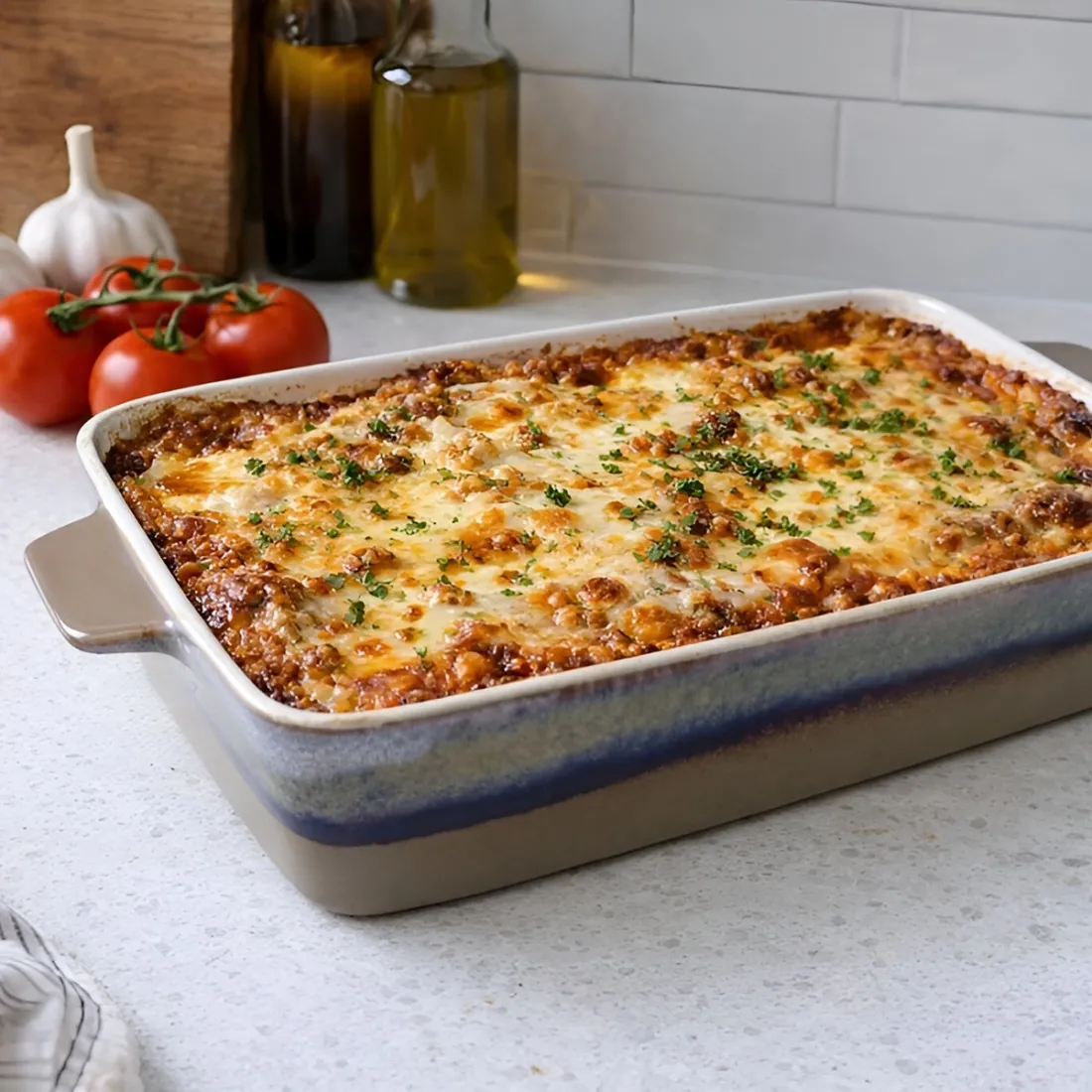 Gebakken lasagne geserveerd in een ovenschaal met reactief glazuur, omringd door verse tomaten, knoflook en olijfolie.
