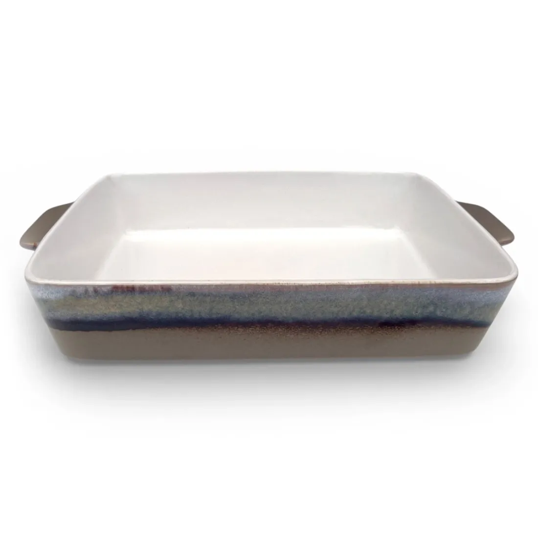 A rectangular oven dish with a glossy white interior and a reactive glaze exterior.