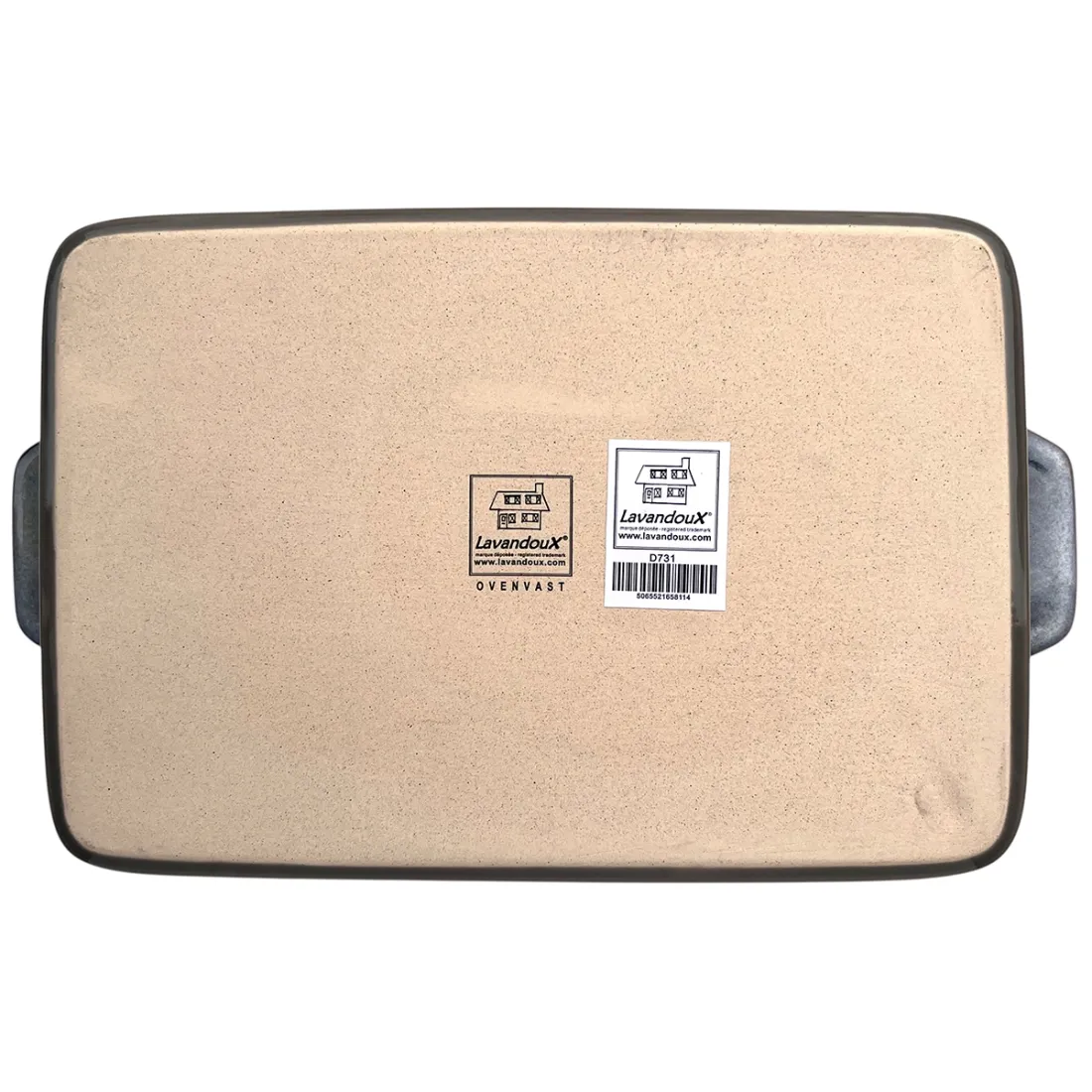 A rectangular oven dish with a brown rim, featuring labels from Lavandoux on the bottom.