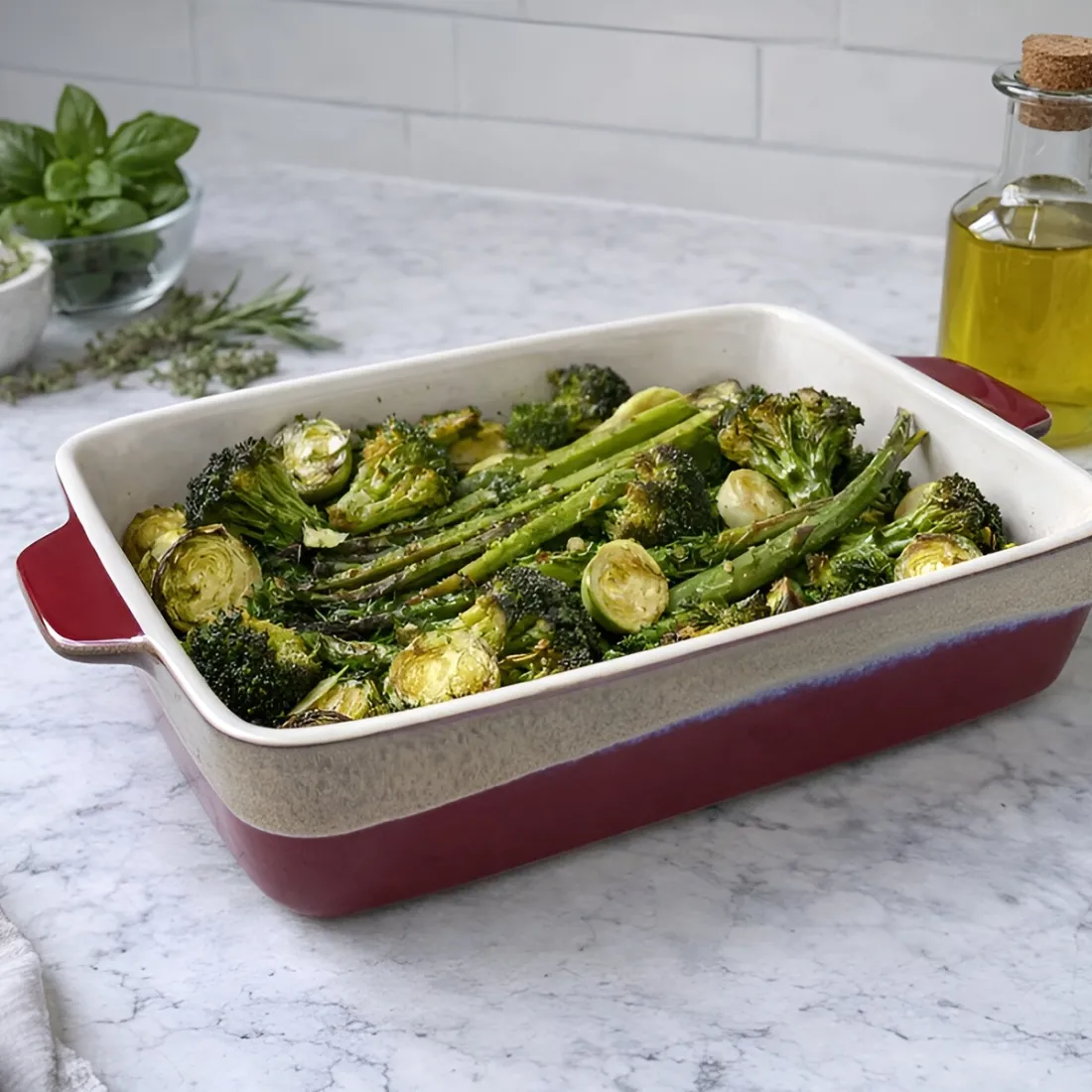 Geroosterde groenten geserveerd in een reactief geglazuurde ovenschaal, omringd door verse kruiden en olijfolie.