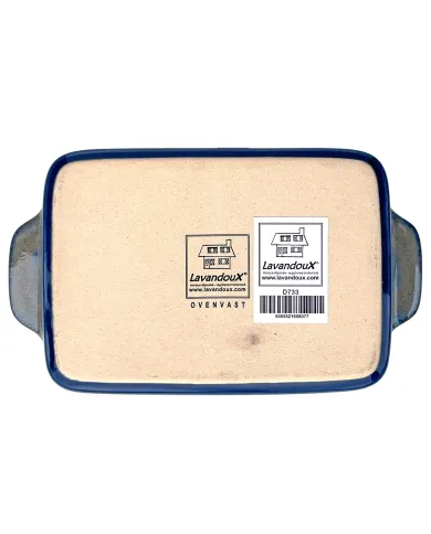 A rectangular oven dish with a blue rim, featuring labels from Lavandoux on the bottom.