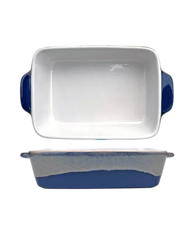 A single serve oven dish with a glossy white interior and a reactive glaze edge, featuring two handles.