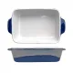 A single serve oven dish with a glossy white interior and a reactive glaze edge, featuring two handles.