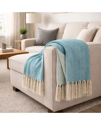 Geweven Katoenen Plaid Blauw - mooi stijlvol visgraatmotief