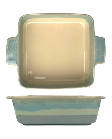 A square oven dish with blue and cream gradient, featuring two handles for easy handling.