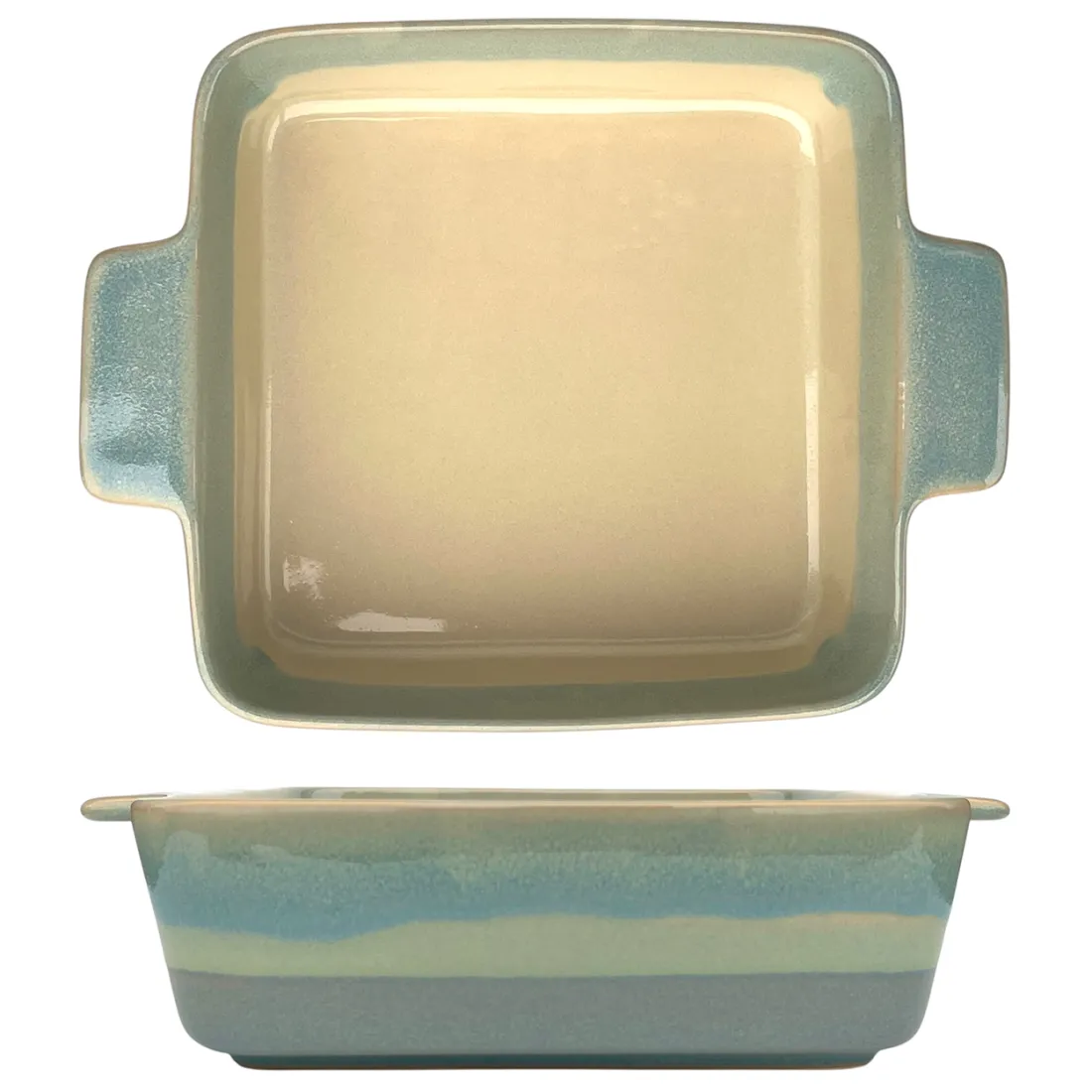 Een vierkante ovenschaal met blauw en crèmekleurig kleurverloop, voorzien van twee handvatten voor gemakkelijk gebruik.