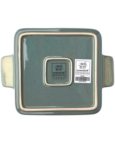 Bottom view of a Lavandoux square oven dish featuring a product label and barcode.