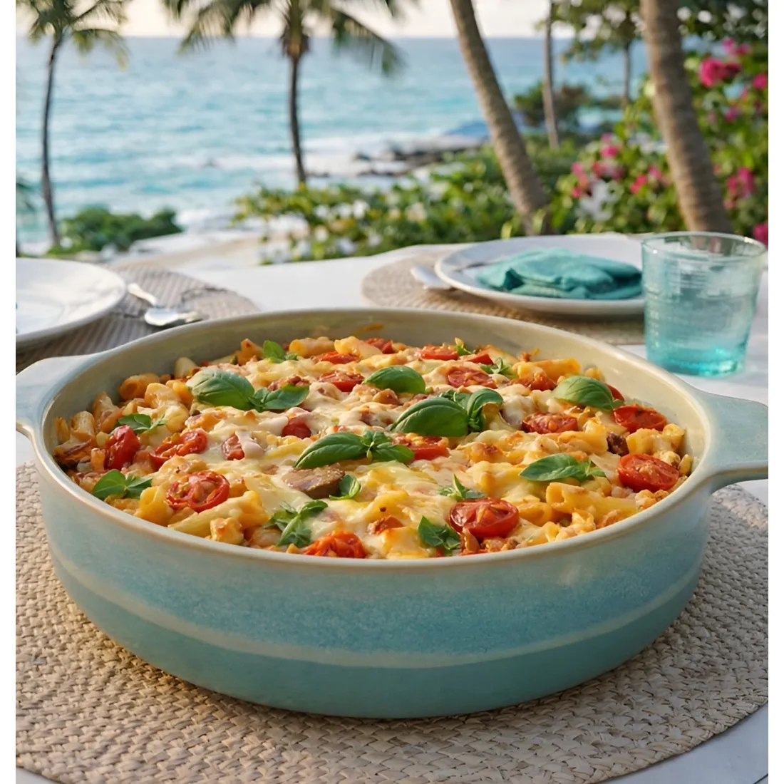 Een ronde ovenschaal met een pastagerecht, tegen de achtergrond van het uitzicht op de Caribisch zee.