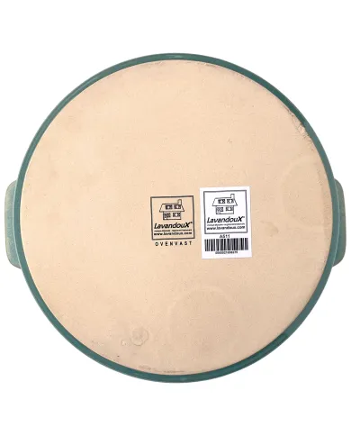 Bottom view of a Lavandoux round oven dish featuring a product label and barcode.