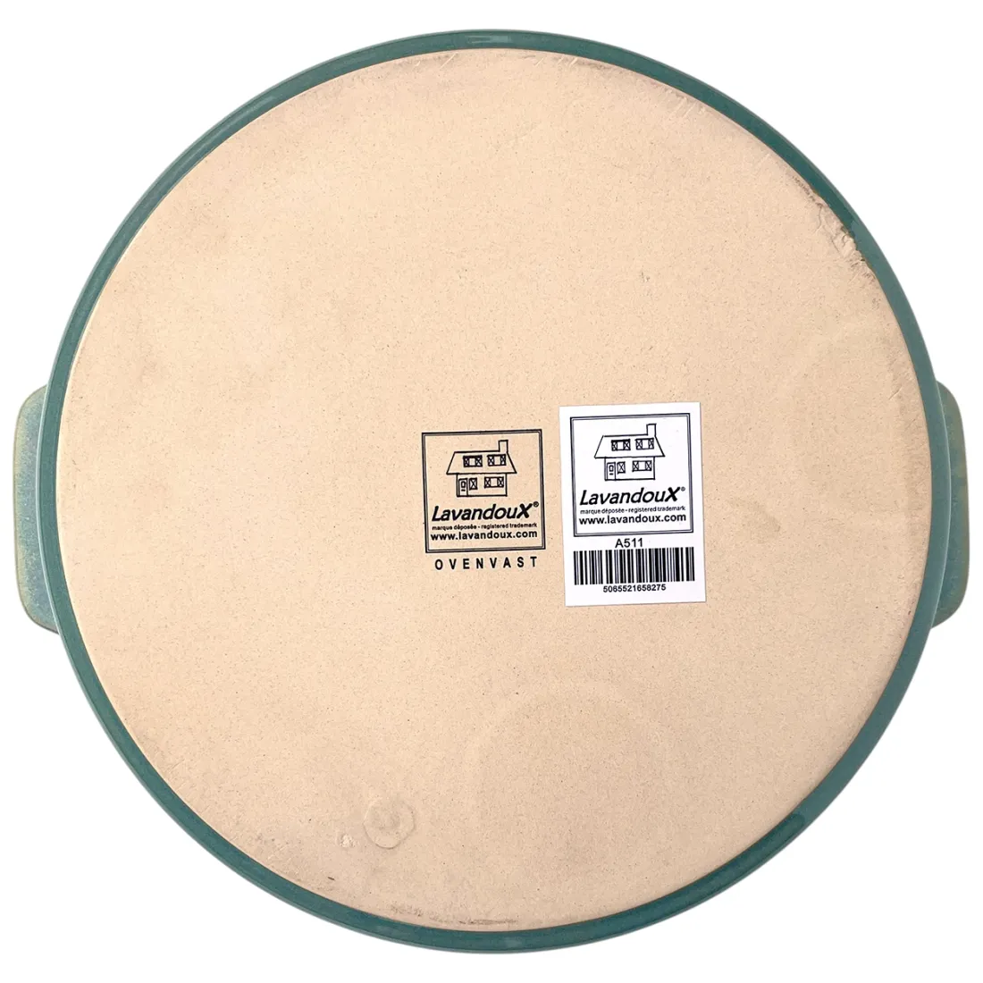 Onderkant van een ronde ovenschaal van Lavandoux met productlabel en streepjescode.
