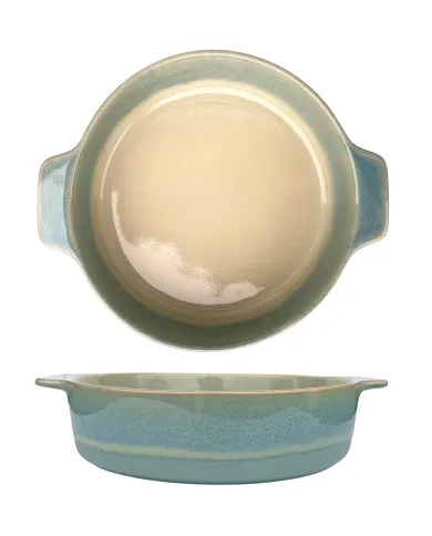 A round oven dish with blue and cream gradient, featuring two handles for easy handling.
