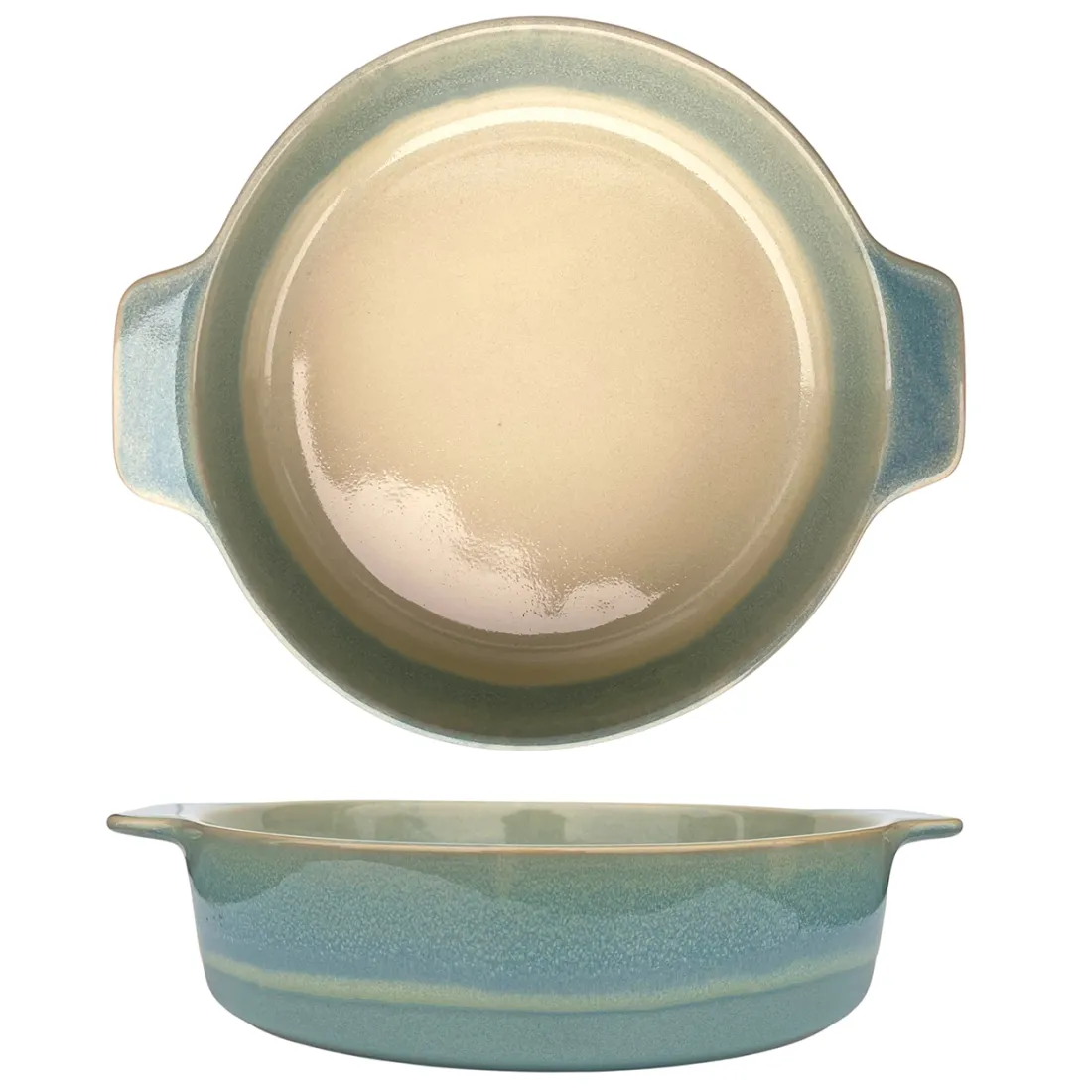 Een ronde ovenschaal met blauw en crèmekleurig kleurverloop, voorzien van twee handvatten voor gemakkelijk gebruik.