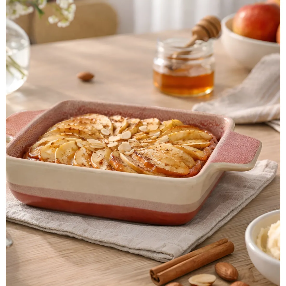 Een vierkante ovenschaaltje gevuld met appeltaart, naast een kom met appels.