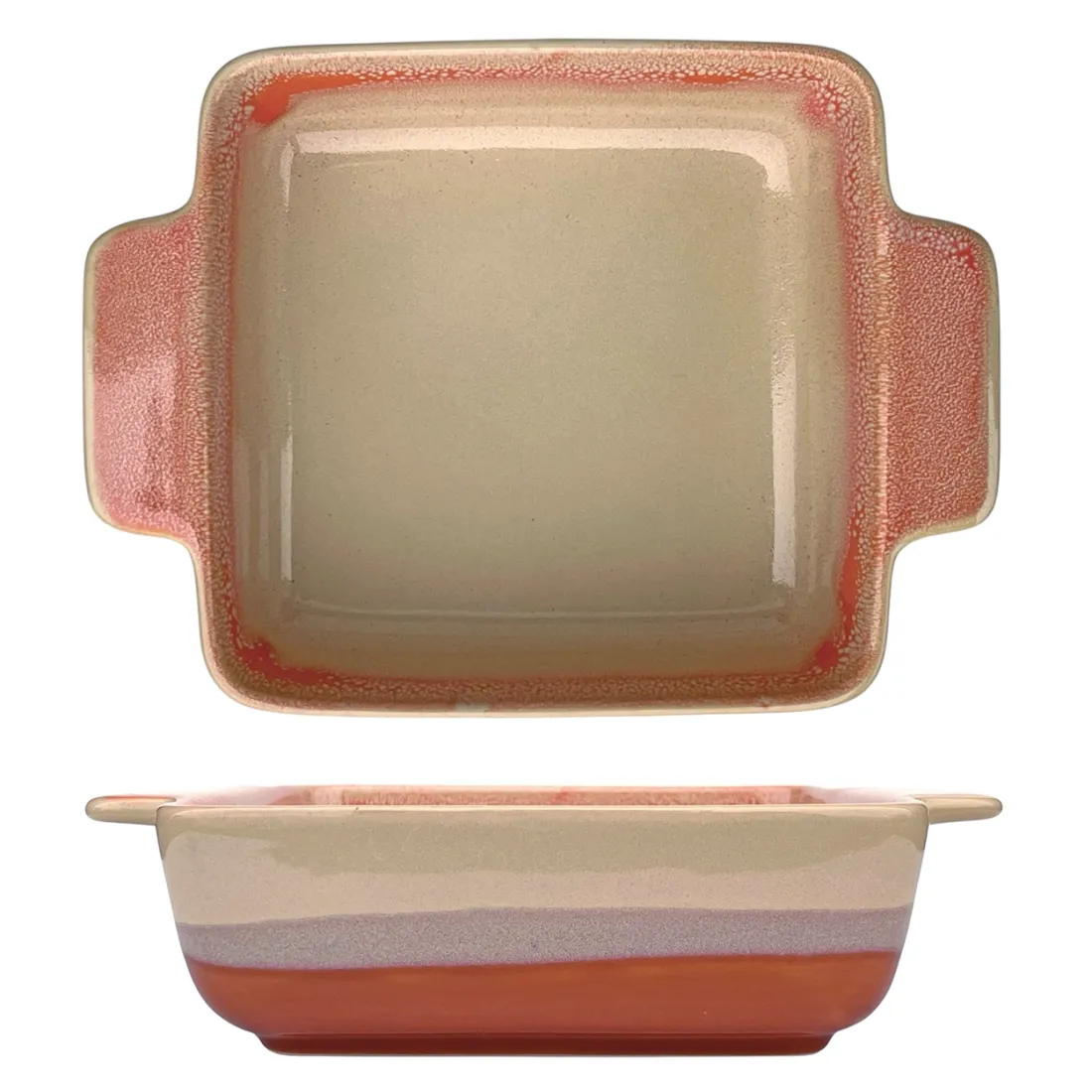 A square oven dish with a terracotta and cream gradient, featuring two handles for easy handling.