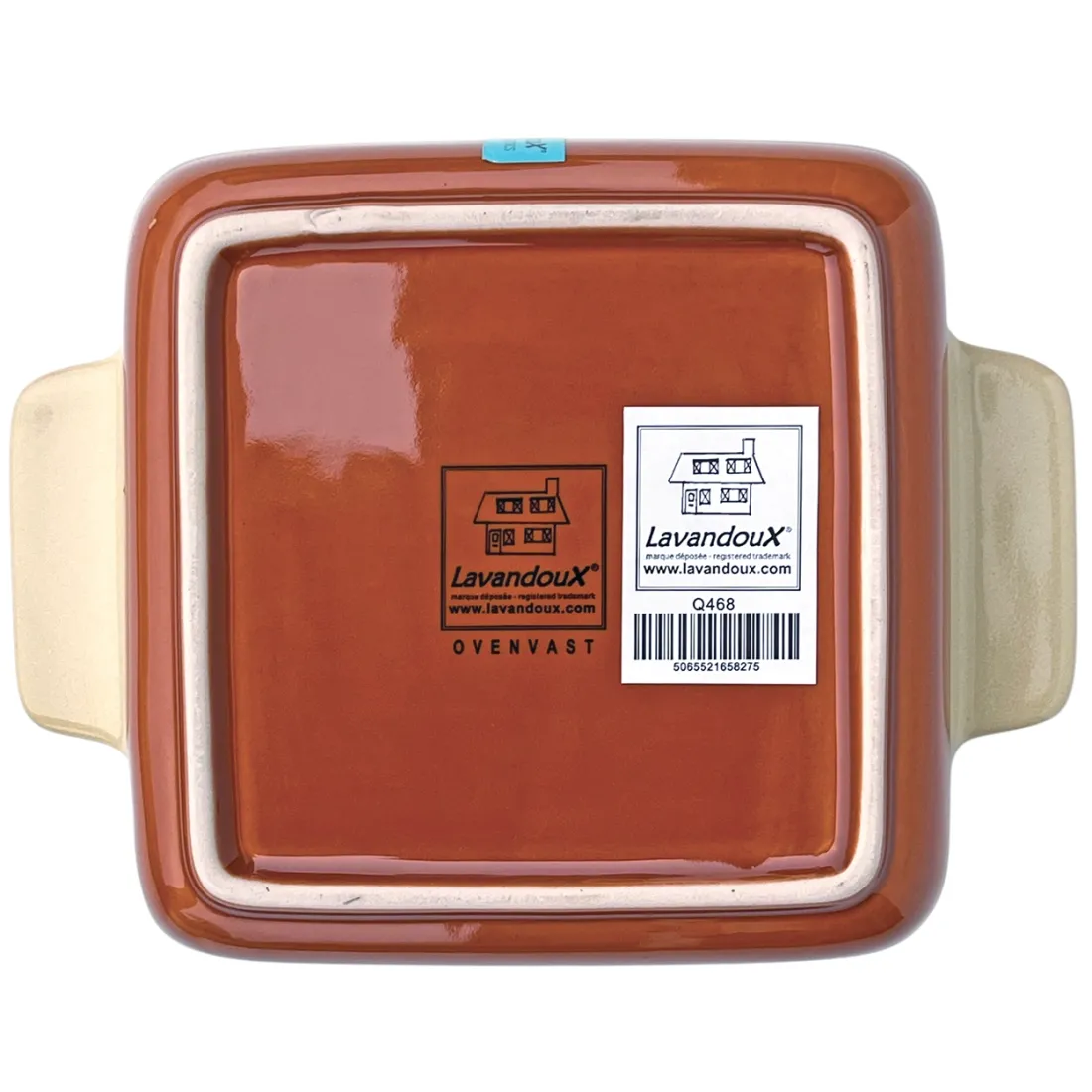 Onderkant van een vierkante ovenschaaltje van Lavandoux met productlabel en streepjescode.