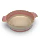 A round oven dish in a reactive glaze of terracotta hues, featuring two curved handles and a smooth interior.