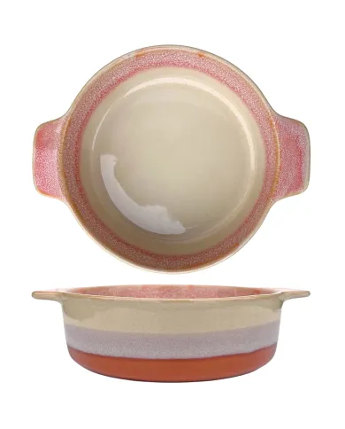 A round oven dish with terracotta and cream gradient, featuring two handles for easy handling.