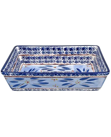 Rechthoekige ovenschaal keramiek met gedetailleerde blauwe en gele bloemmotieven op een witte achtergrond.