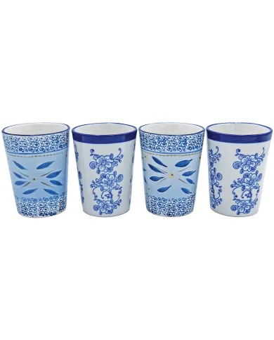 Four decorative tall tea mugs featuring intricate blue patterns on a white background, arranged side by side.