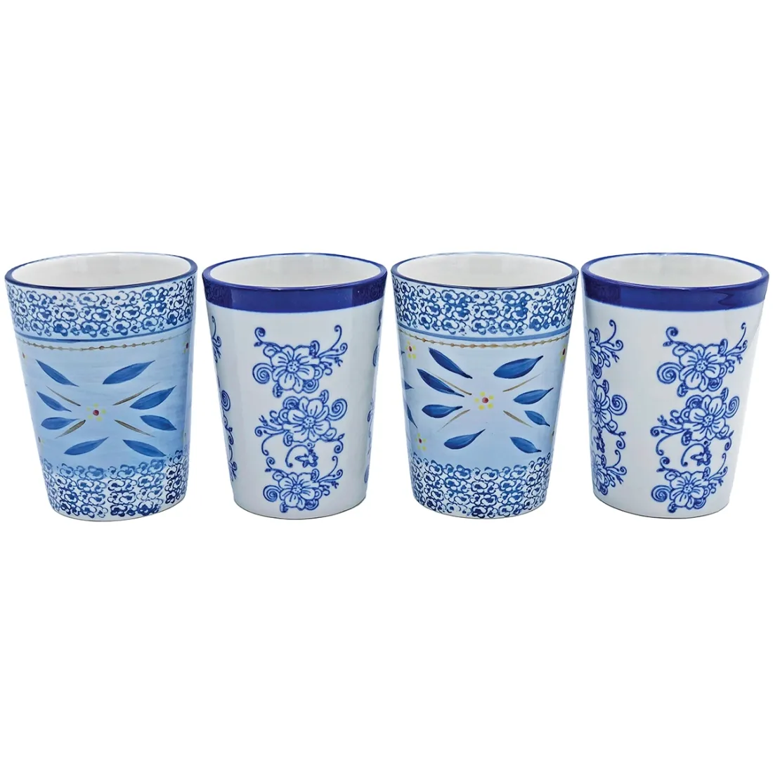 Four decorative tall tea mugs featuring intricate blue patterns on a white background, arranged side by side.