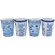 Four decorative tall tea mugs featuring intricate blue patterns on a white background, arranged side by side.