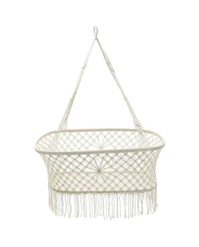 A macramé hanging bassinet with a soft cream colour and decorative fringe, perfect for newborns.