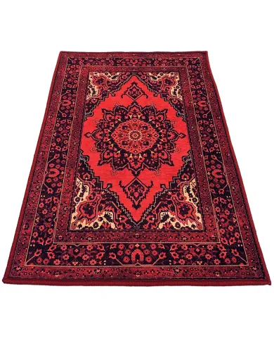 Traditional red rug in a Persian style with intricate patterns.