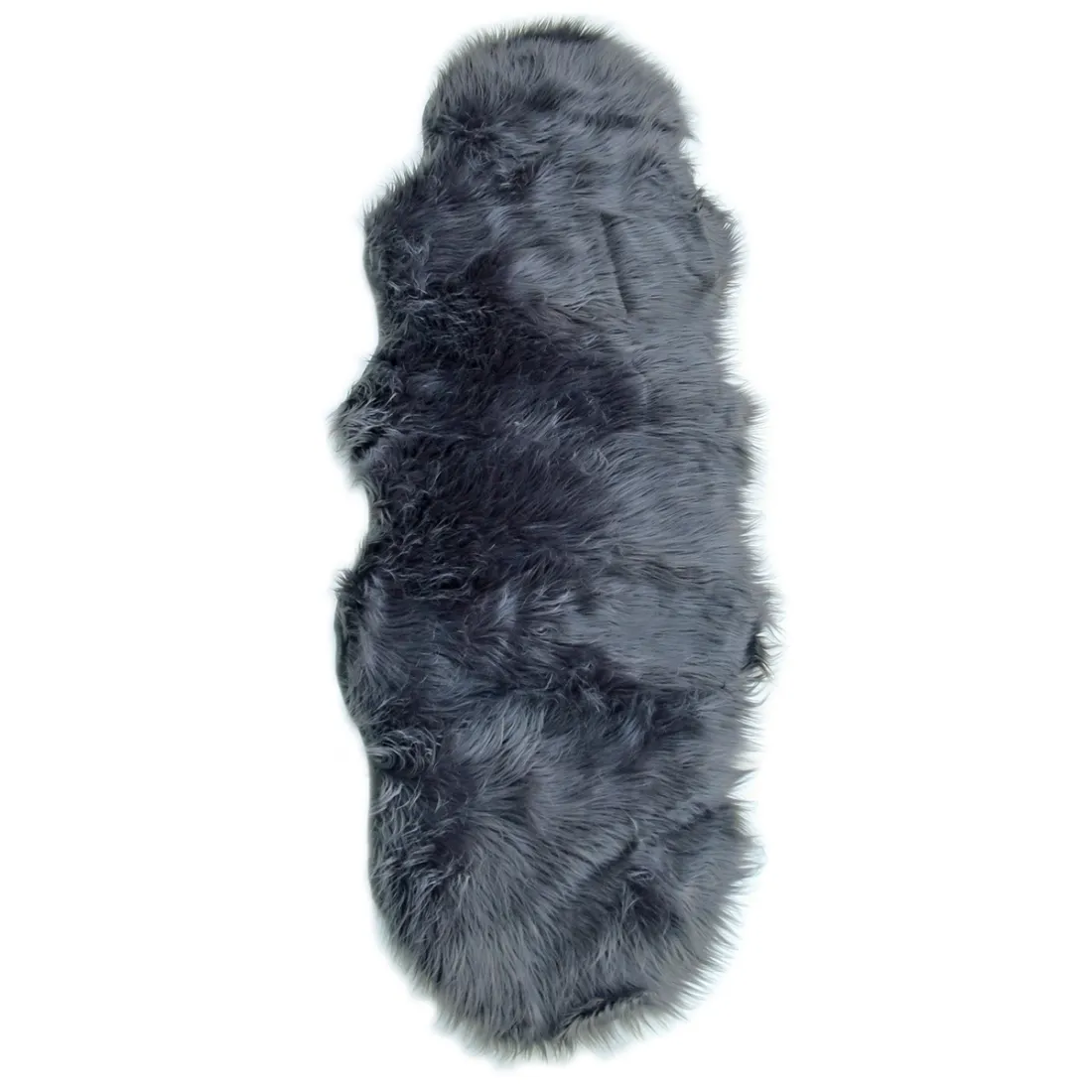 Double pelt faux sheepskin rug made of soft and luxurious grey faux fur.