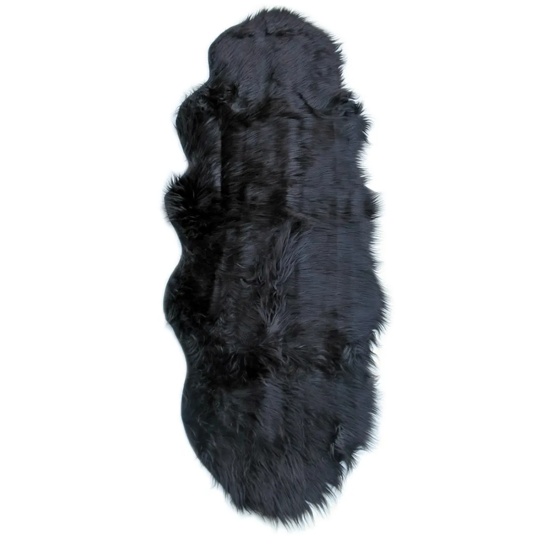 Schapenvacht zwart in een extra lang gevormd kleed, gemaakt van zacht imitatie bont.