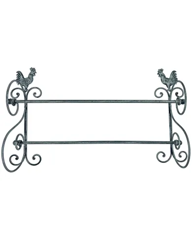 Metalen handdoekrek met decoratieve kippenmotieven aan elk uiteinde.