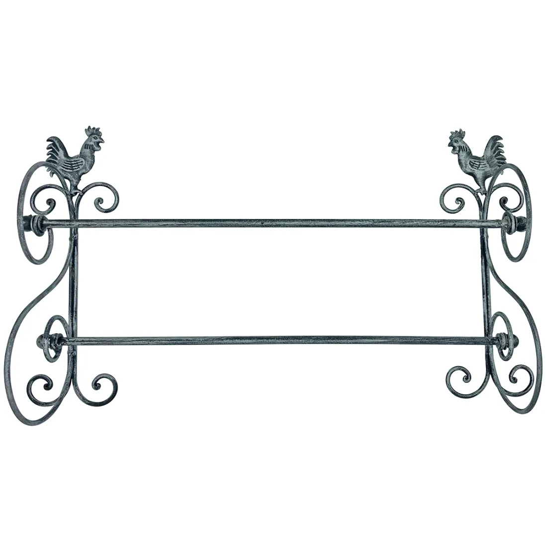 Metalen handdoekrek met decoratieve kippenmotieven aan elk uiteinde.
