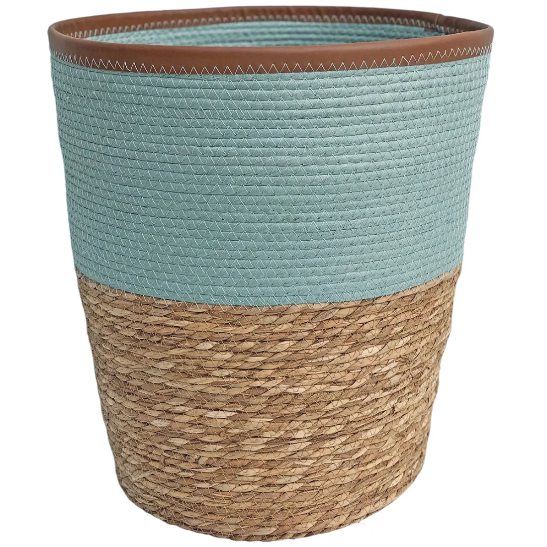Blue laundry basket made from seagrass with an eggshell blue top and natural-tone bottom.