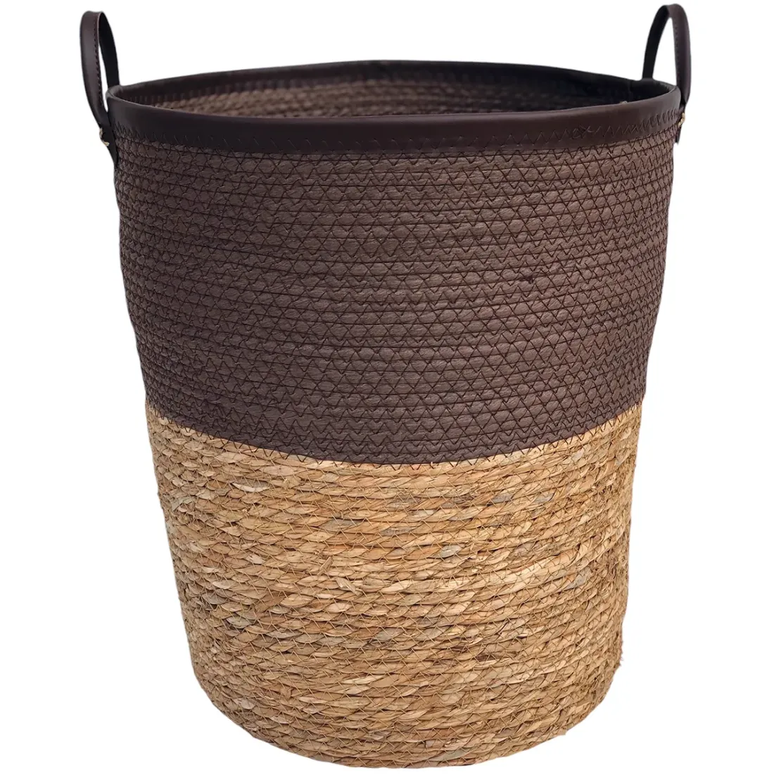 Brown laundry basket made from seagrass with a dark brown top and natural-tone bottom.