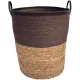 Brown laundry basket made from seagrass with a dark brown top and natural-tone bottom.