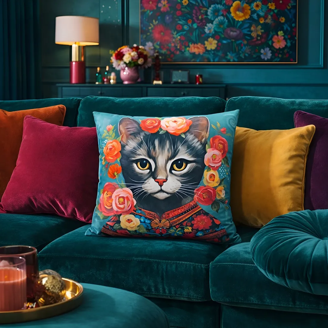 A vibrant decorative cushion featuring a cat adorned with flowers, placed on a teal couch with various textures and patterns.