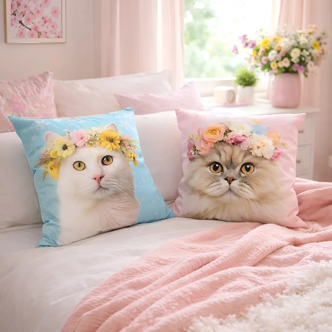 Floral Crown Cat Cushion Cover Blue